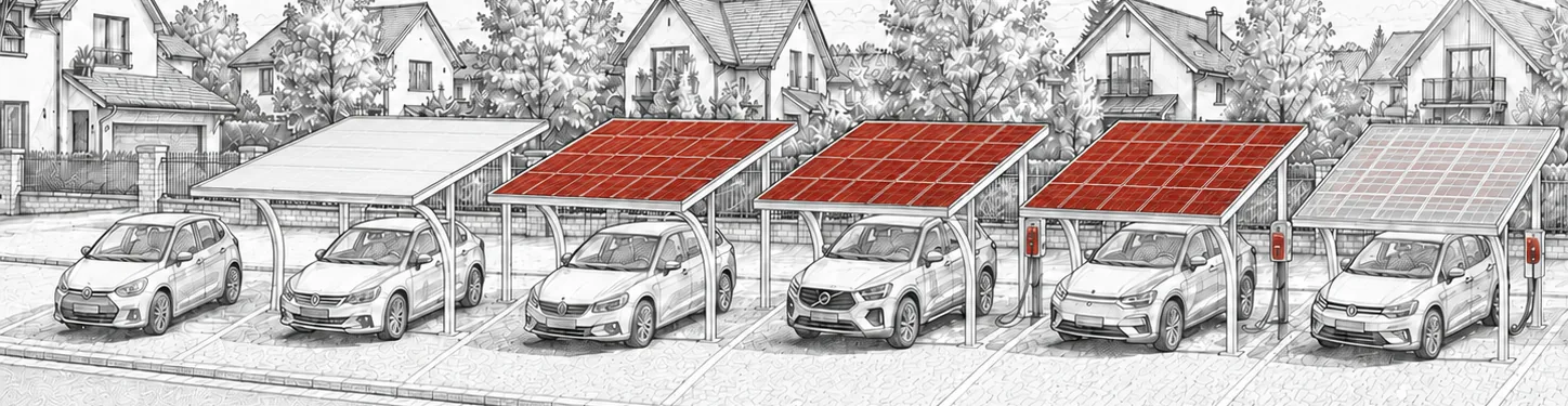Solarcarport-Baukasten in sechs Stufen: vom Stellplatz über Carport und Aufdach-Module bis zum bifazialen Solardach mit Wallbox