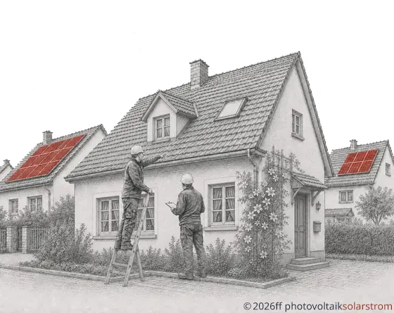 Zwei Fachleute begutachten das Dach eines Einfamilienhauses fuer eine Photovoltaikanlage, benachbarte Daecher tragen Solarmodule