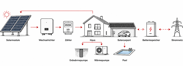 Schema: Solarmodule, Wechselrichter, Zähler, Haus, Batteriespeicher, Stromnetz, Wärmepumpt, Solarcarport