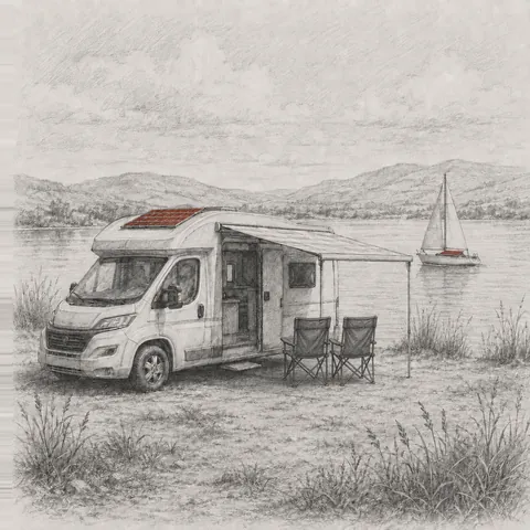 Wohnmobil und Segelboot mit Solarmodulen an einem See