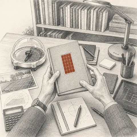 Bleistiftzeichnung: Hände halten ein Buch mit Solarmodul auf dem Umschlag, dahinter Schreibtisch und Bücherregal